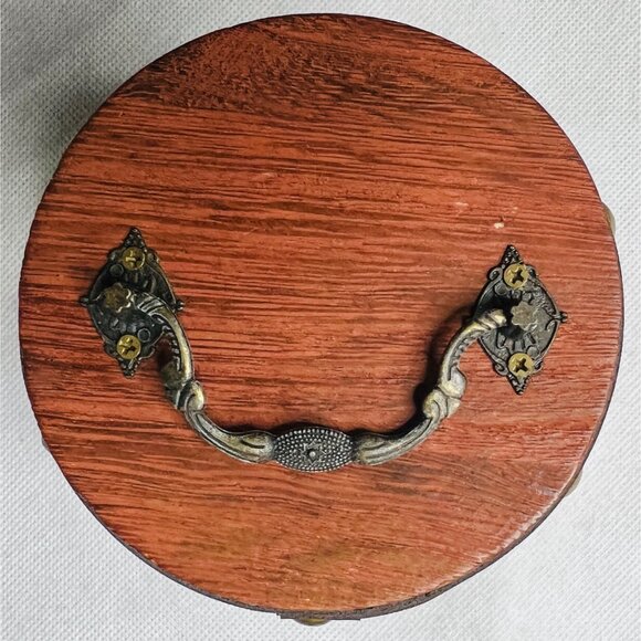 Antique-Style Wooden Barrel Tea Box Brass Handle & Clasp Rustic Brown Finish - Picture 2 of 6